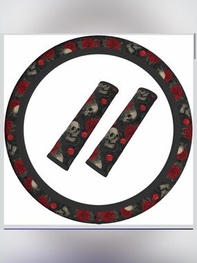 Skull & Rose Steering Wheel Cover and Seat Belt Pads Set - Black & Red